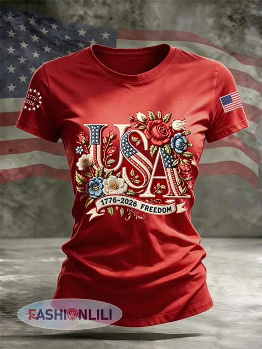 Women’s Independence Day Floral USA Flag Print Casual Tee - Red / S