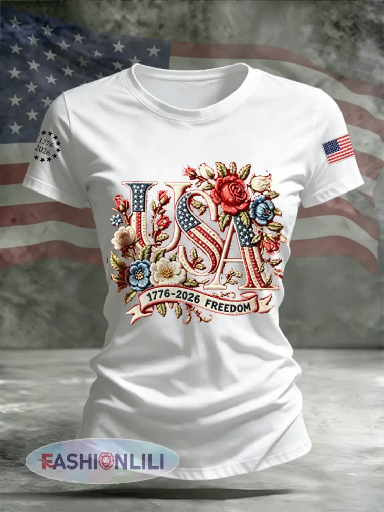 Women’s Independence Day Floral USA Flag Print Casual Tee - White / S