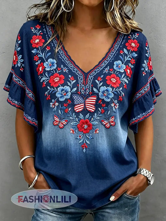 Women’s Independence Day Printed V-neck Ruffle Sleeve T-shirt - Blue / S