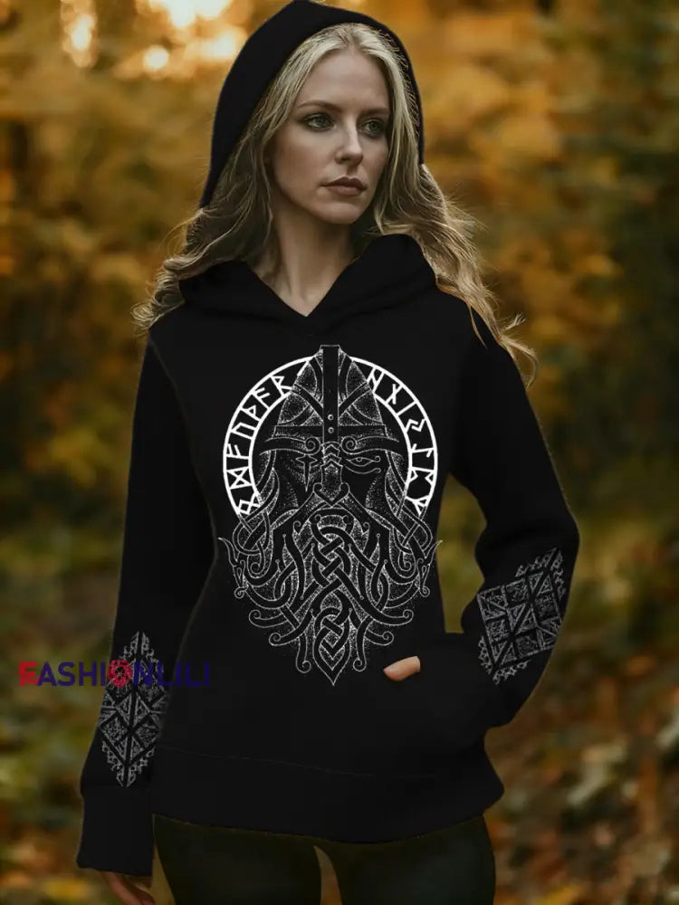 Women’s Intricate Viking Warrior Print Hooded Sweater Multicolour / S