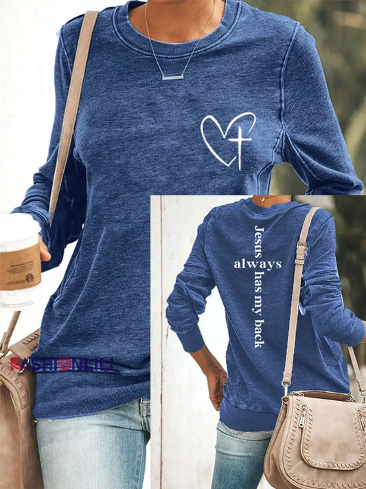 Women’s Jesus Always Has My Back Casual Sweatshirt Blue / S