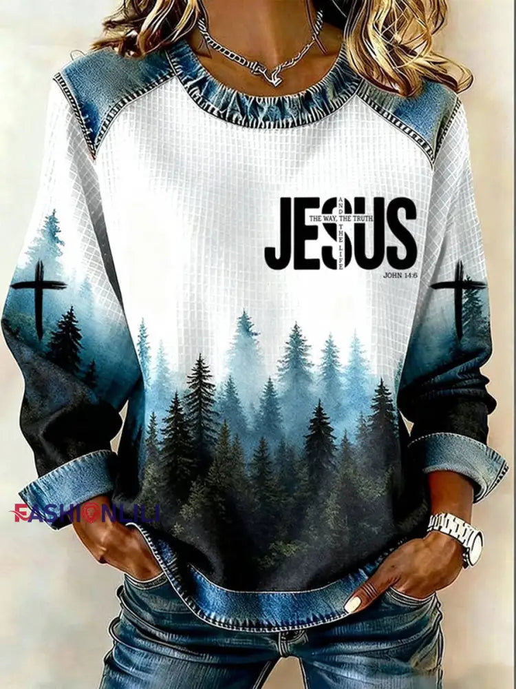 Women’s Jesus The Way The Truth The Life Denim Patchwork Top As picture / S