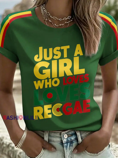Women’s Just A Girl Who Loves Reggae Print T-Shirt Green / S