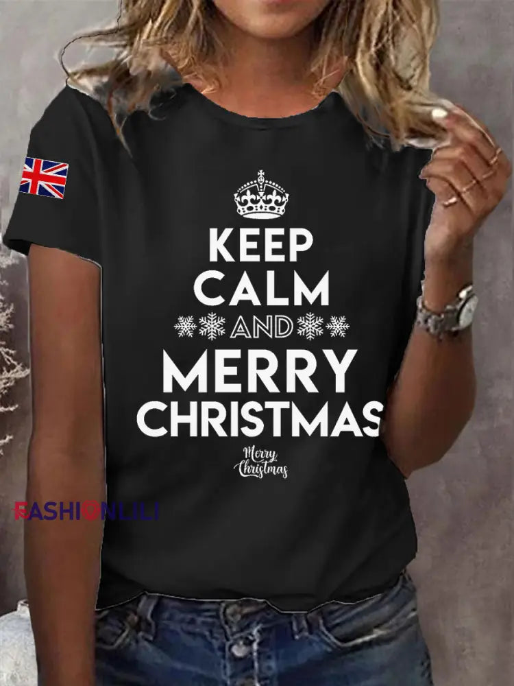 Women’s Keep Calm And Merry Christmas Short Sleeve T-Shirt Black / S