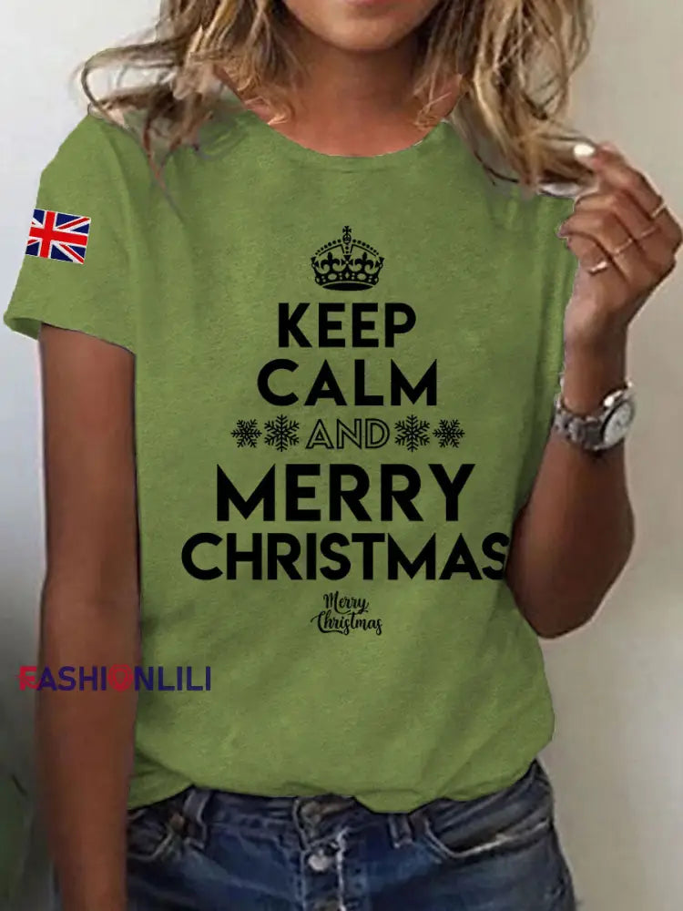 Women’s Keep Calm And Merry Christmas Short Sleeve T-Shirt Green / S