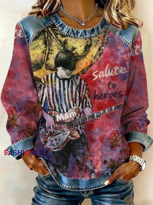 Women’s Lemon Roses Music Lover Denim Patchwork Top As picture / S
