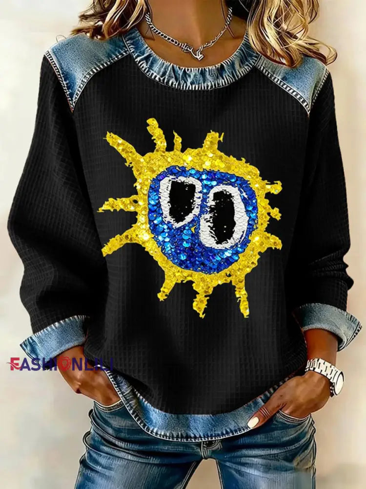 Women’s Lemon Roses Music Lover Denim Patchwork Top Black / S