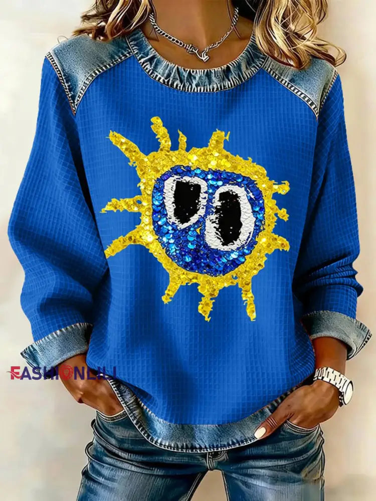 Women’s Lemon Roses Music Lover Denim Patchwork Top Blue / S