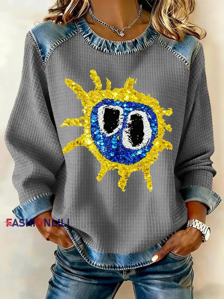 Women’s Lemon Roses Music Lover Denim Patchwork Top Gray / S