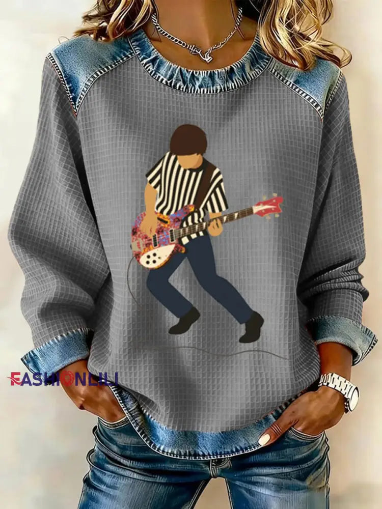 Women’s Lemon Roses Music Lover Denim Patchwork Top Gray / S