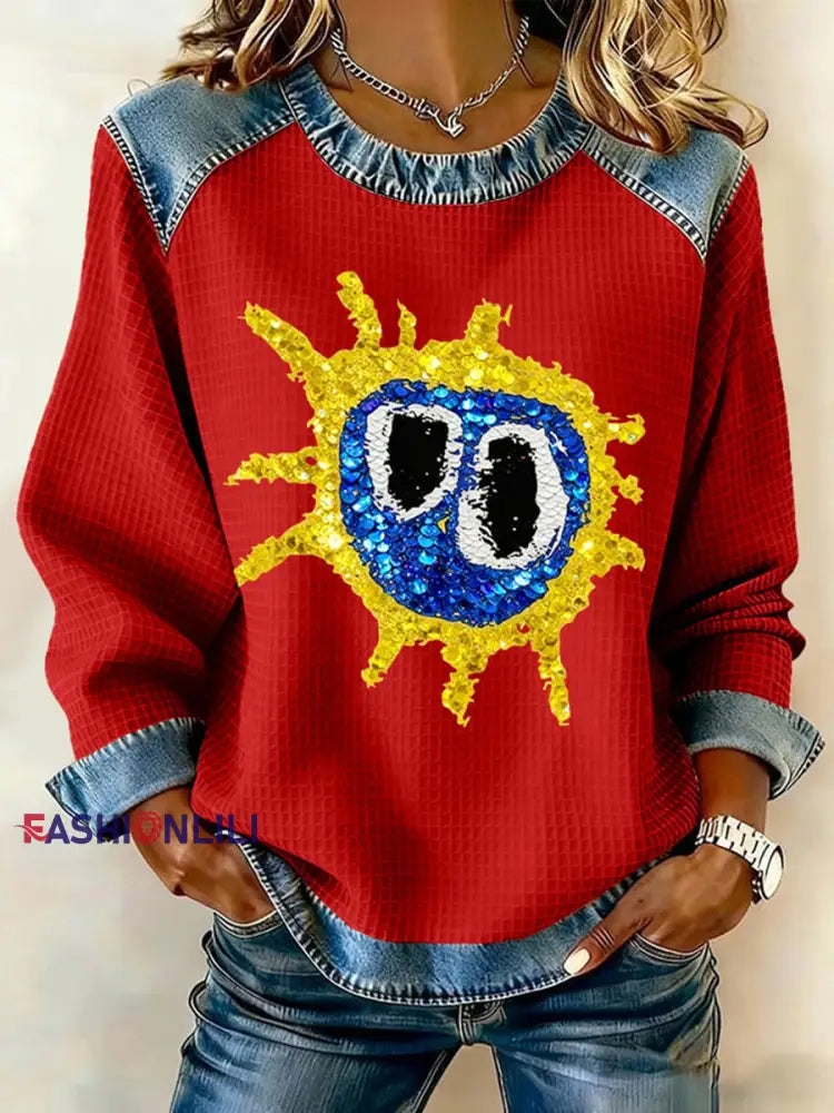 Women’s Lemon Roses Music Lover Denim Patchwork Top Red / S