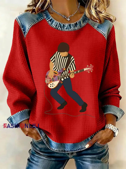 Women’s Lemon Roses Music Lover Denim Patchwork Top Red / S