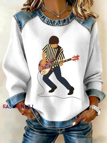 Women’s Lemon Roses Music Lover Denim Patchwork Top White / S