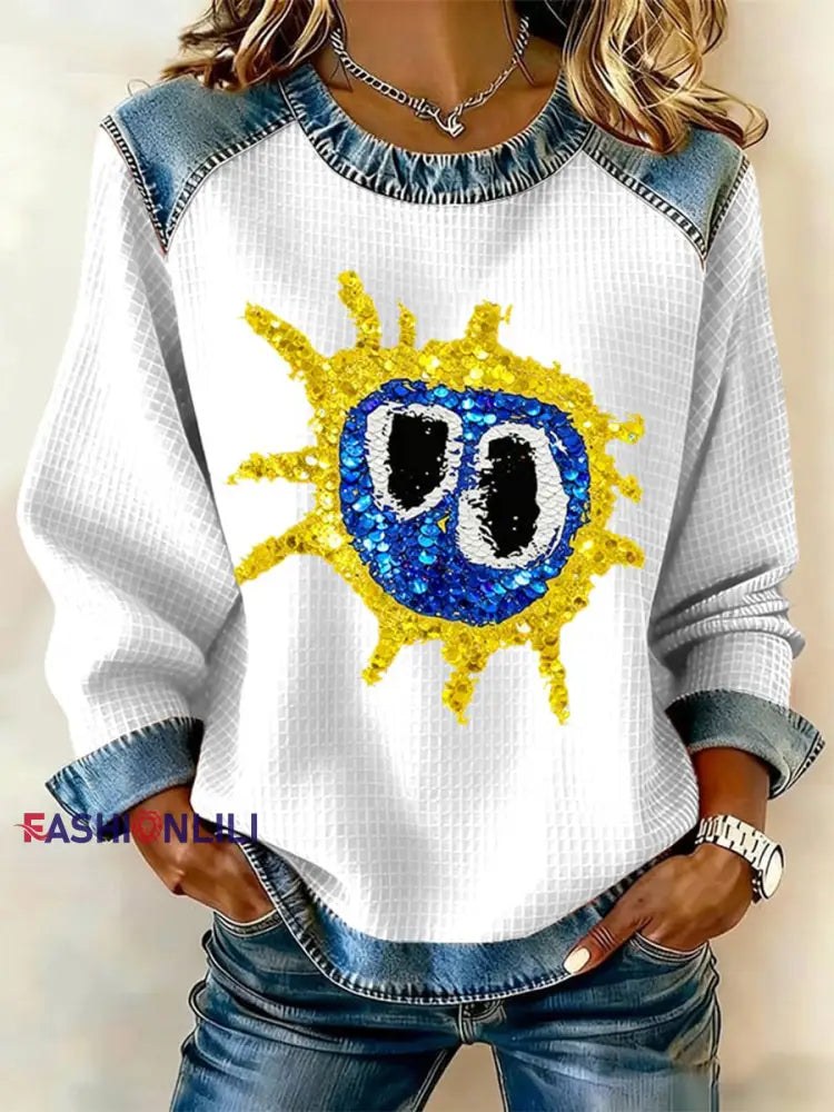 Women’s Lemon Roses Music Lover Denim Patchwork Top White / S