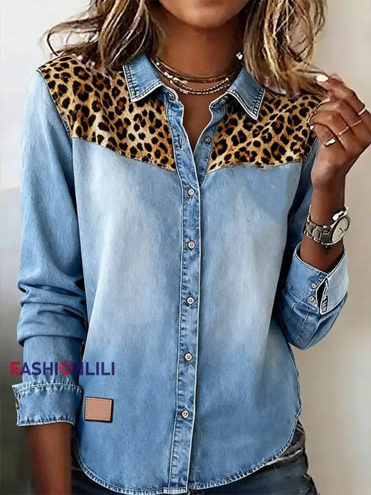 Women’s Leopard Pattern Patchwork Art Shirt Blue / S