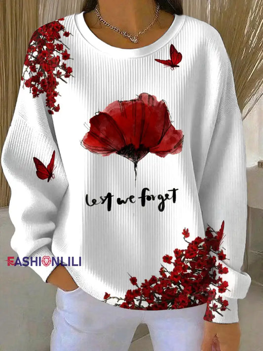 Women’s Lest We Forget Printed Ribbed Round-Neck Sweatshirt As picture / S