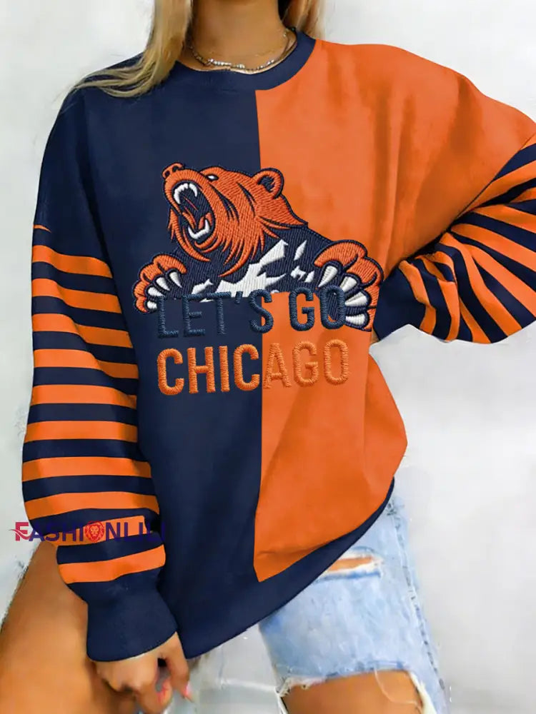 Women’s Let’s Go Chicago Print Football Fans Gameday Casual Sweatshirt Orange / S