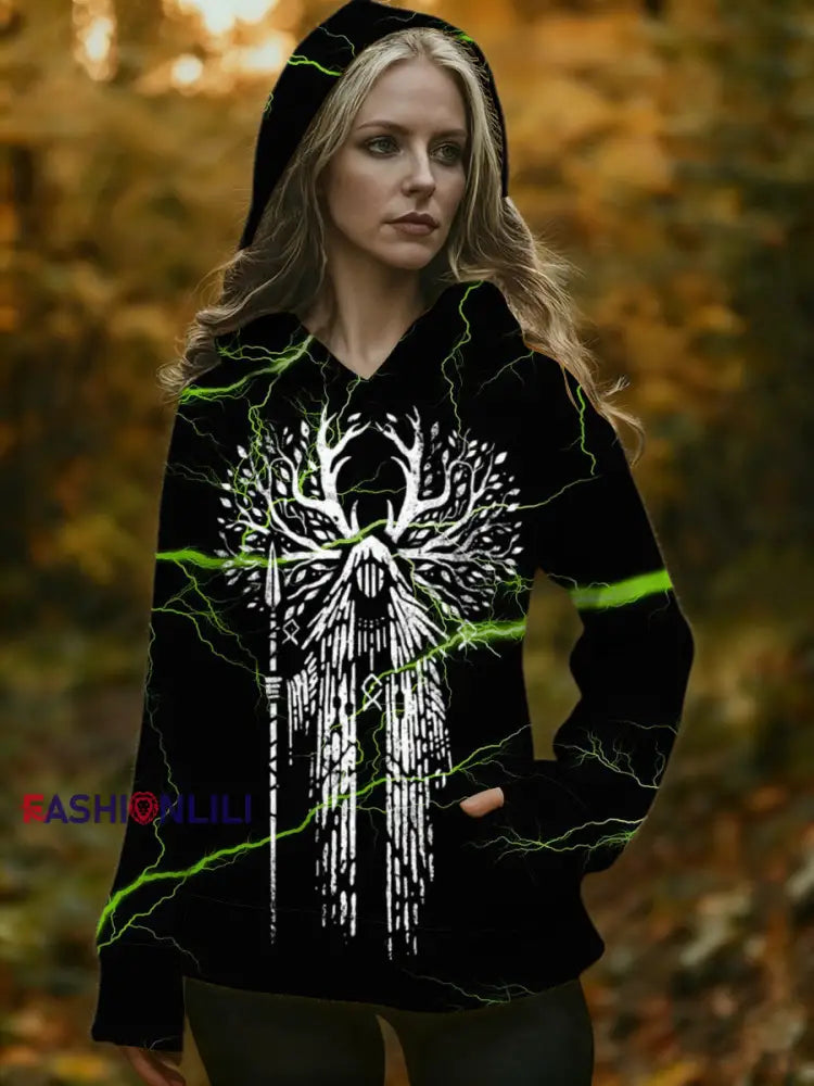 Women’s Lightning Norse Tree Print Hooded Sweater Multicolour / S