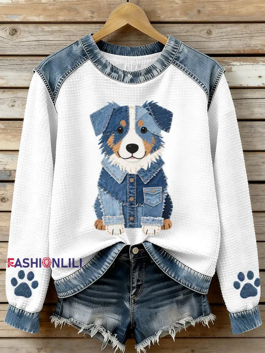 Women’s Lovely Australian Shepherd Pattern Denim Patchwork Waffle Sweatshirt As picture / S