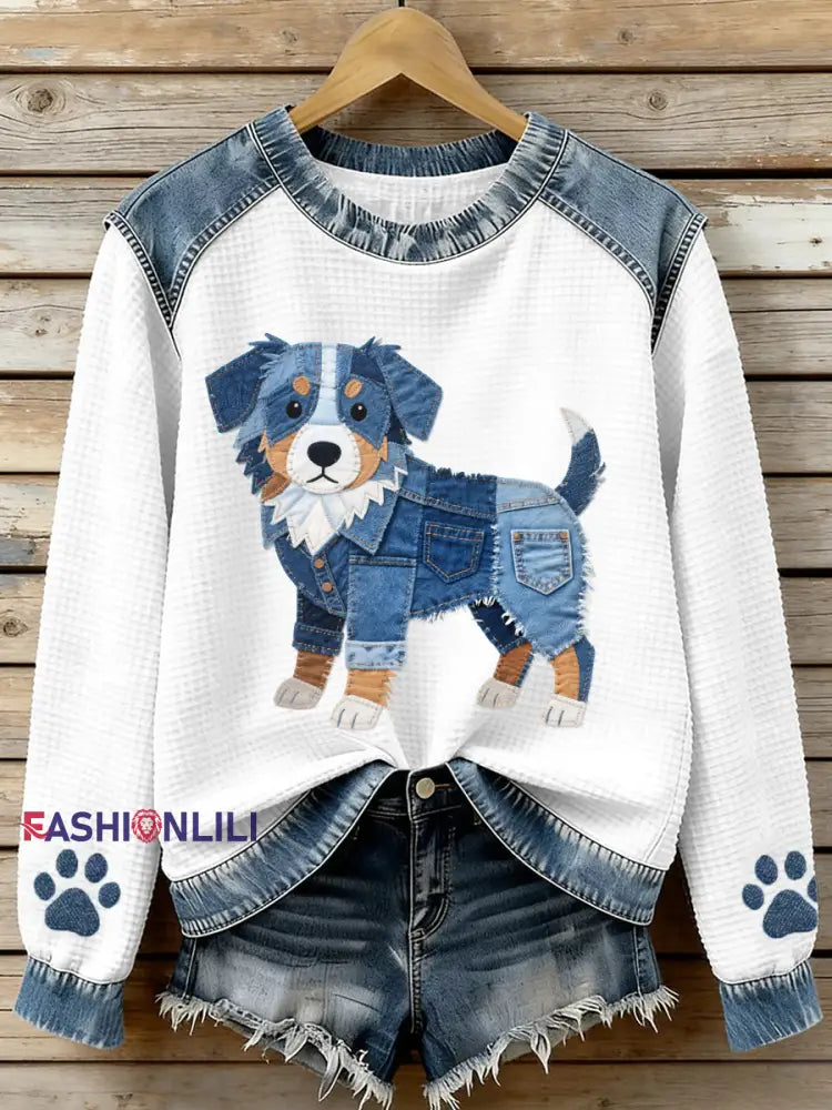 Women’s Lovely Australian Shepherd Pattern Denim Patchwork Waffle Sweatshirt As picture / S
