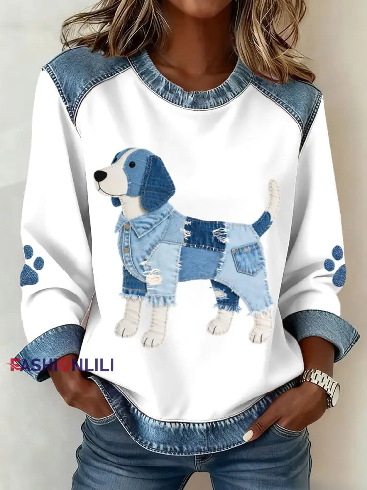 Women’s Lovely Beagle Dog Pattern Denim Patchwork Sweatshirt White / S