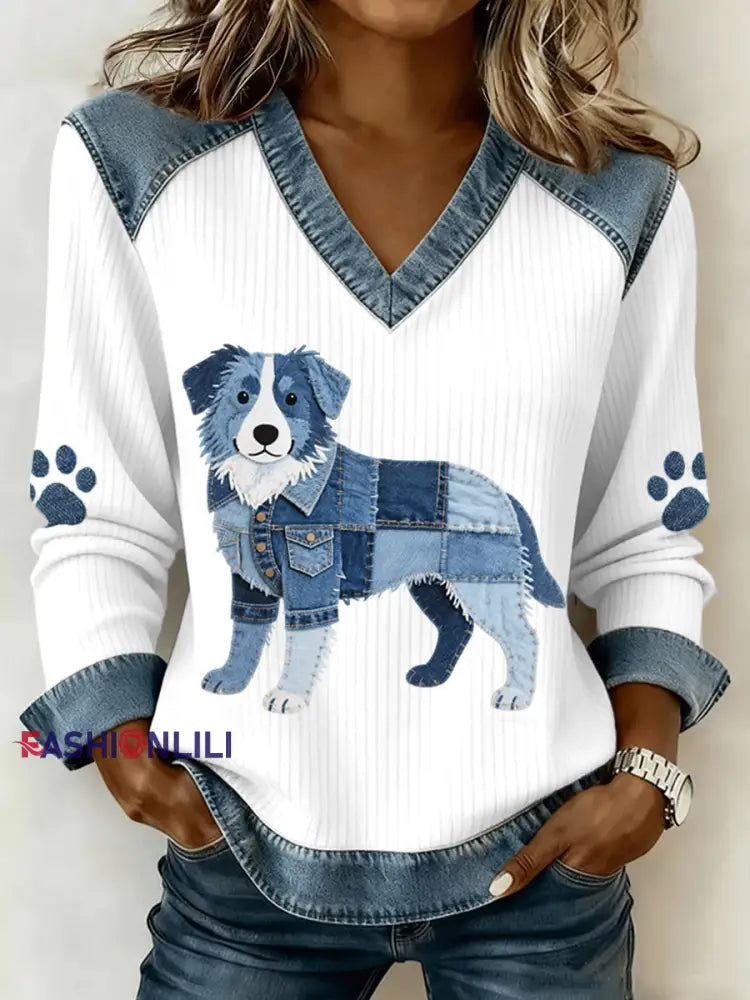 Women’s Lovely Border Collie Pattern Denim Patchwork V-Neck Top As picture / S