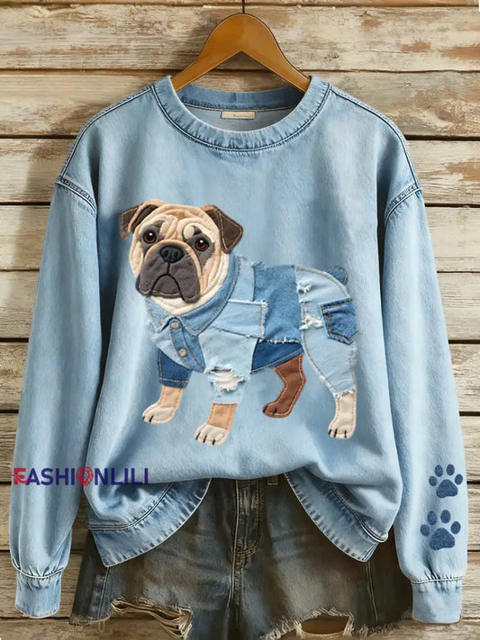 Women’s Lovely Bulldog Patchwork Pattern Sweatshirt Blue / S