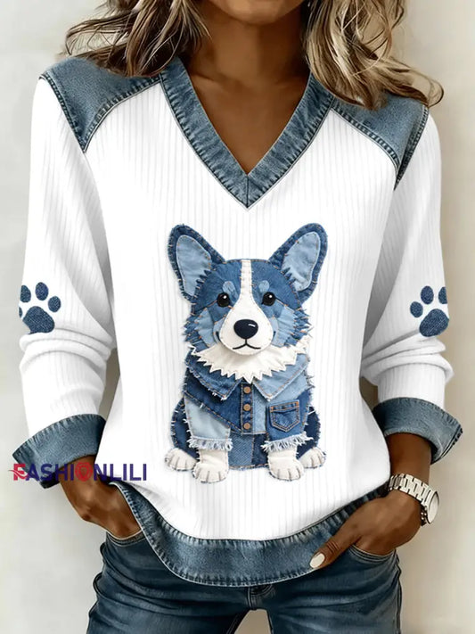 Women’s Lovely Corgi Pattern Denim Patchwork V-Neck Top As picture / S