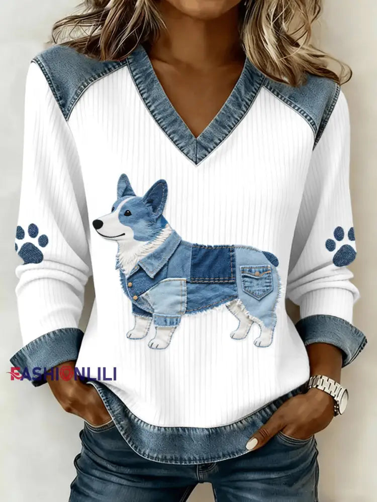 Women’s Lovely Corgi Pattern Denim Patchwork V-Neck Top As picture / S