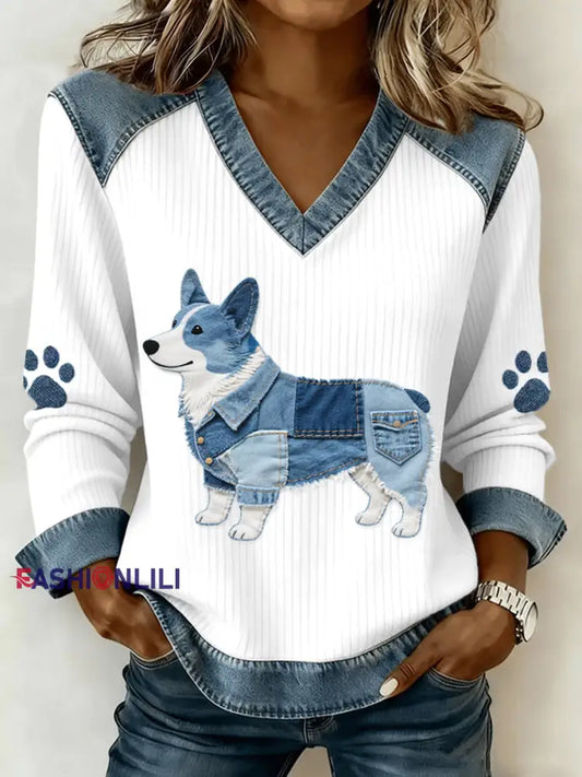 Women’s Lovely Corgi Pattern Denim Patchwork V-Neck Top As picture / S