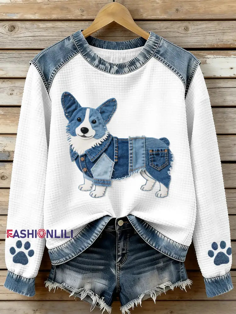 Women’s Lovely Corgi Pattern Denim Patchwork Waffle Sweatshirt As picture / S