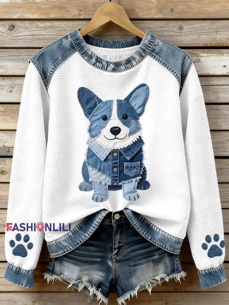 Women’s Lovely Corgi Pattern Denim Patchwork Waffle Sweatshirt As picture / S