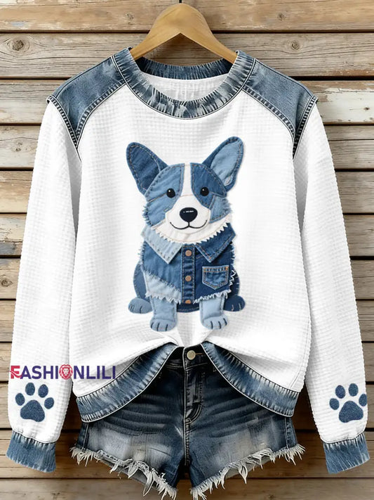 Women’s Lovely Corgi Pattern Denim Patchwork Waffle Sweatshirt As picture / S