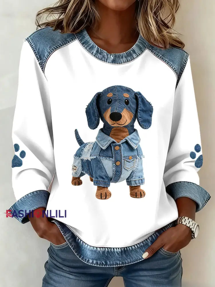 Women’s Lovely Dachshund Dog Pattern Denim Patchwork Sweatshirt As picture / S