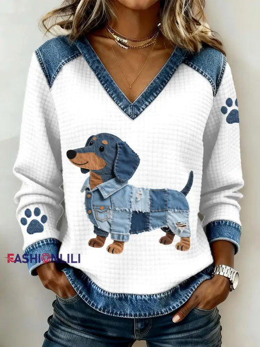 Women’s Lovely Dachshund Dog Pattern Denim Patchwork V-Neck Top White / S