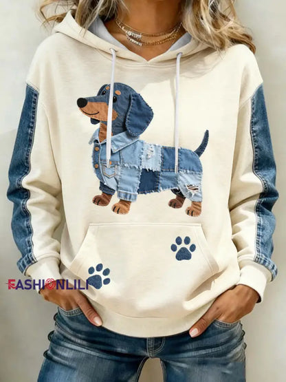 Women’s Lovely Dachshund Pattern Denim Patchwork Art Hoodie Apricot / S