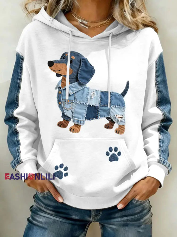 Women’s Lovely Dachshund Pattern Denim Patchwork Art Hoodie White / S