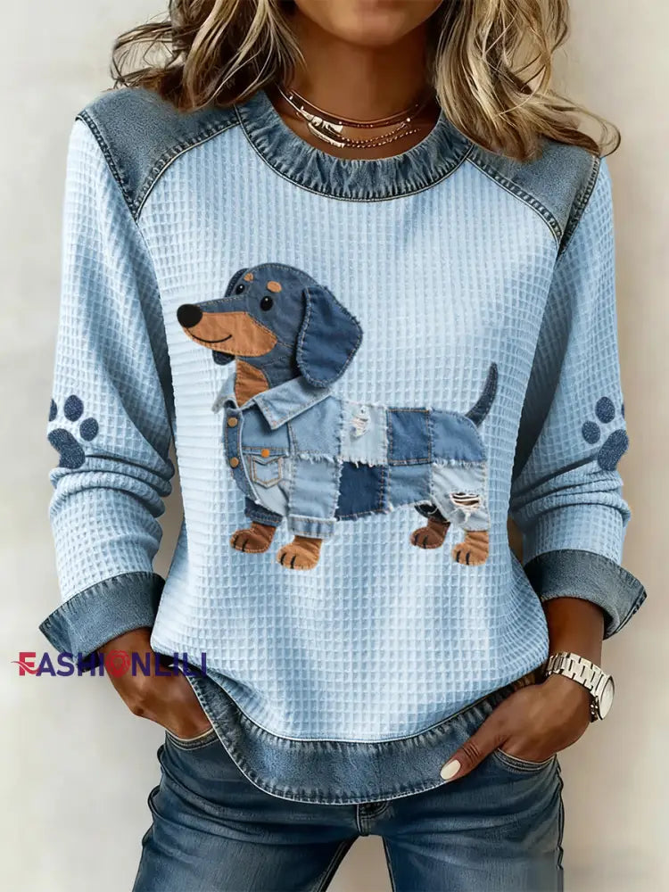 Women’s Lovely Dachshund Pattern Denim Patchwork Art Sweatshirt Blue / S