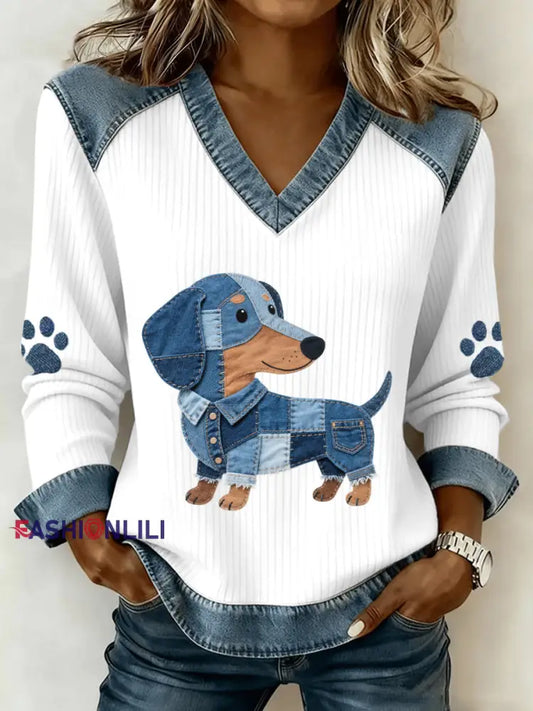 Women’s Lovely Dachshund Pattern Denim Patchwork V-Neck Top As picture / S