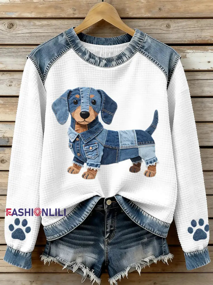 Women’s Lovely Dachshund Pattern Denim Patchwork Waffle Sweatshirt As picture / S