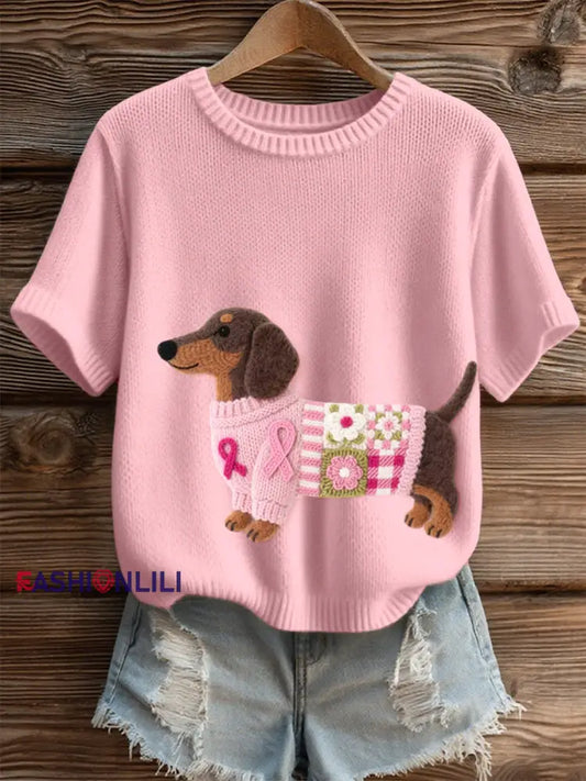 Women’s Lovely Dachshund Pattern Felt Art Cozy Knit Top Pink / S