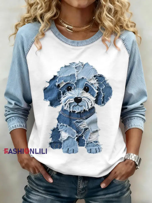 Women’s Lovely Dog Pattern Denim Patchwork Sweatshirt Light Blue / S