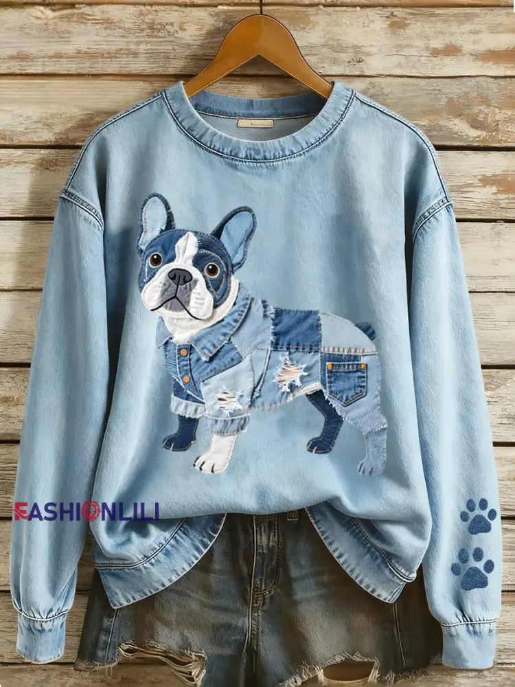 Women’s Lovely French Bulldog Patchwork Pattern Sweatshirt Blue / S