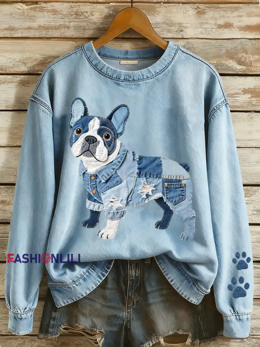 Women’s Lovely French Bulldog Patchwork Pattern Sweatshirt Blue / S