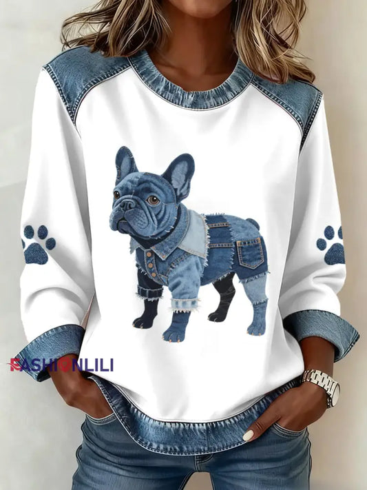 Women’s Lovely French Bulldog Pattern Denim Patchwork Sweatshirt As picture / S