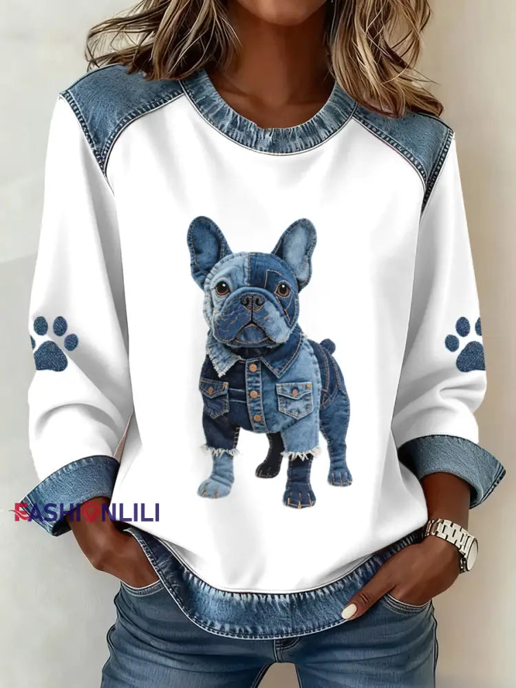 Women’s Lovely French Bulldog Pattern Denim Patchwork Sweatshirt White / S