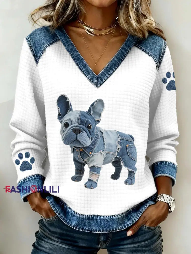 Women’s Lovely French Bulldog Pattern Denim Patchwork V-Neck Top White / S