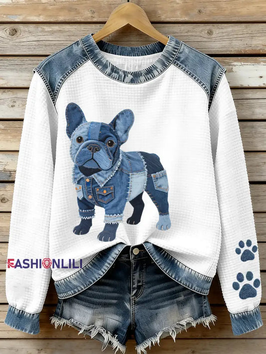Women’s Lovely French Bulldog Pattern Denim Patchwork Waffle Sweatshirt As picture / S