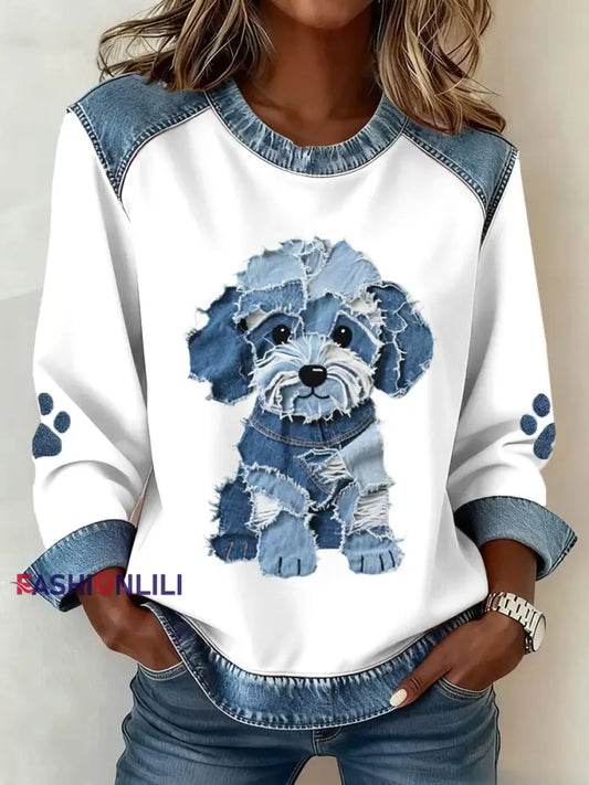 Women’s Lovely Furry Dog Pattern Denim Patchwork Art Sweatshirt White / S