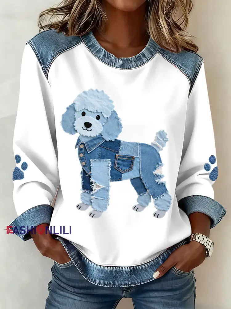 Women’s Lovely Poodle Dog Pattern Denim Patchwork Sweatshirt White / S
